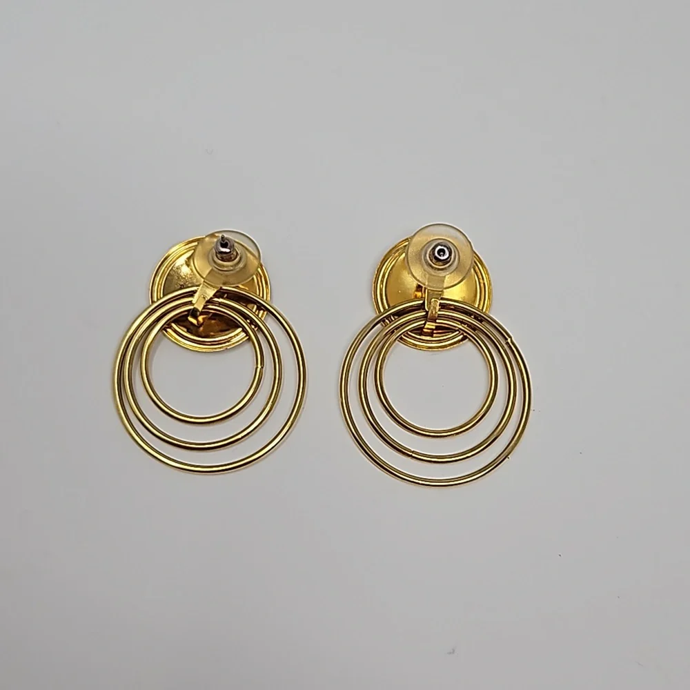 Vintage Enamel Circular Dangle Earrings Gold Tone Red Black Cream
